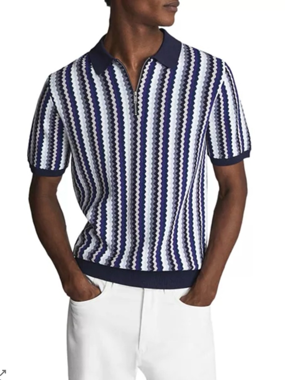 REISS Blanco Half Zip Geo Striped Polo Textured Preppy Large